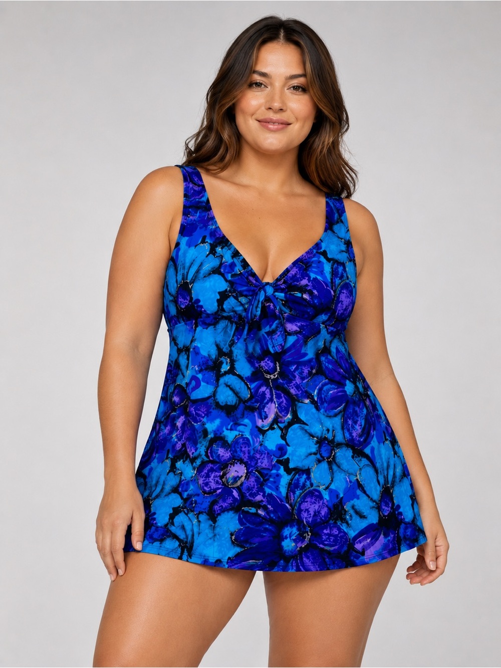 Vintage Robby Len Blue & Black Floral Skirted One Piece Swimsuit Size 16